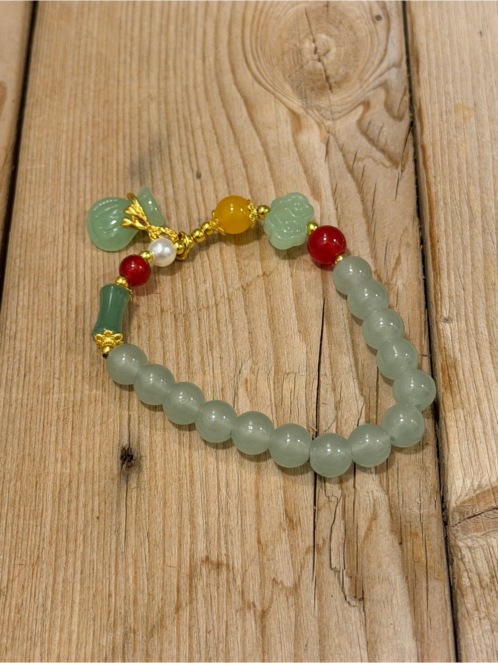 Jade Bead Charm Bracelet with Red and Yellow Accents
